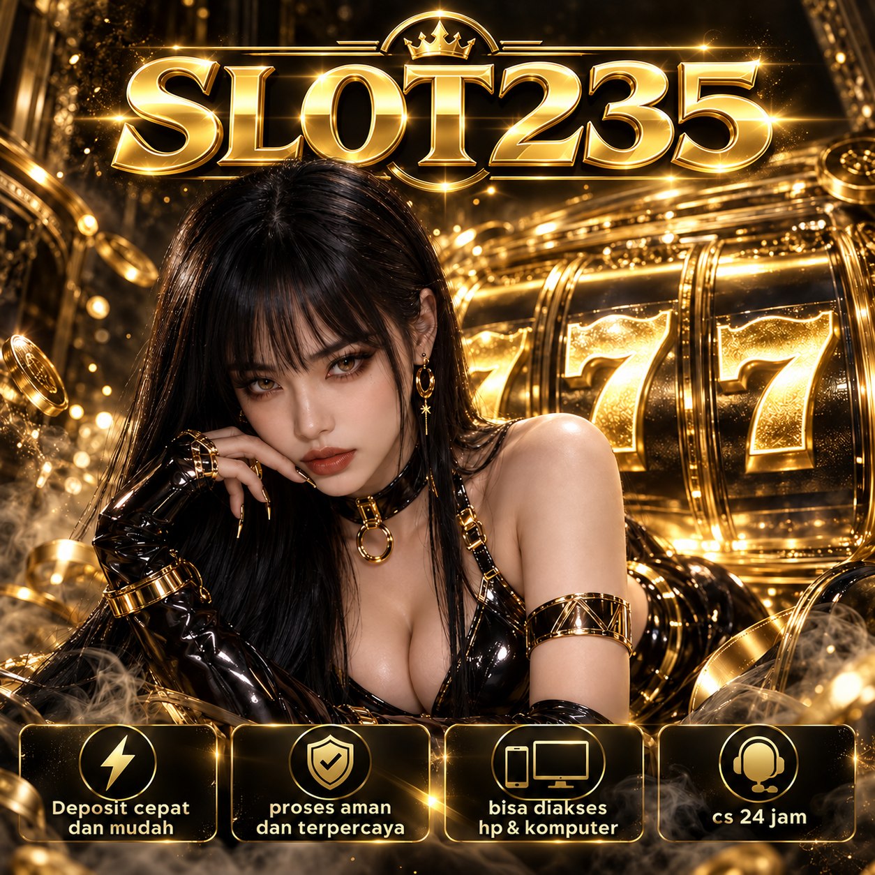 Banner SLOT235: ilustrasi permainan dan karakter bertema fantasi